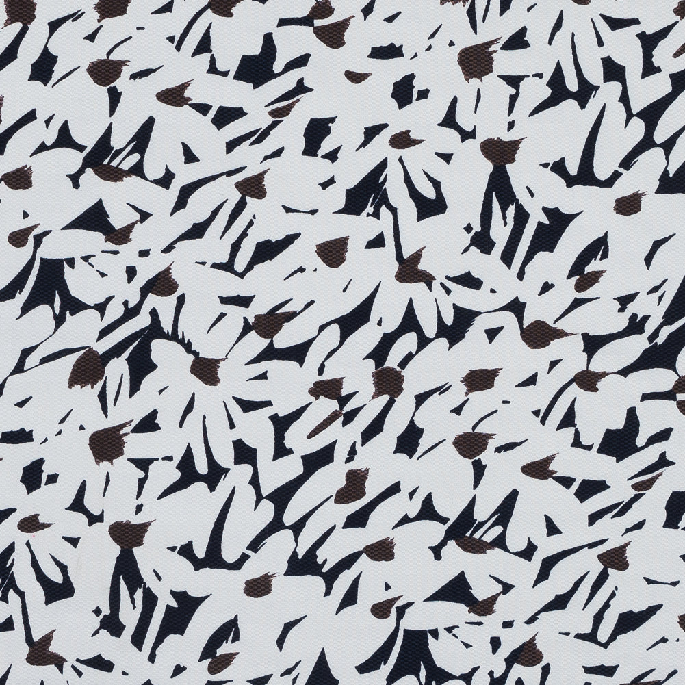 White, Navy and Brown Floral Stretch Cotton Pique