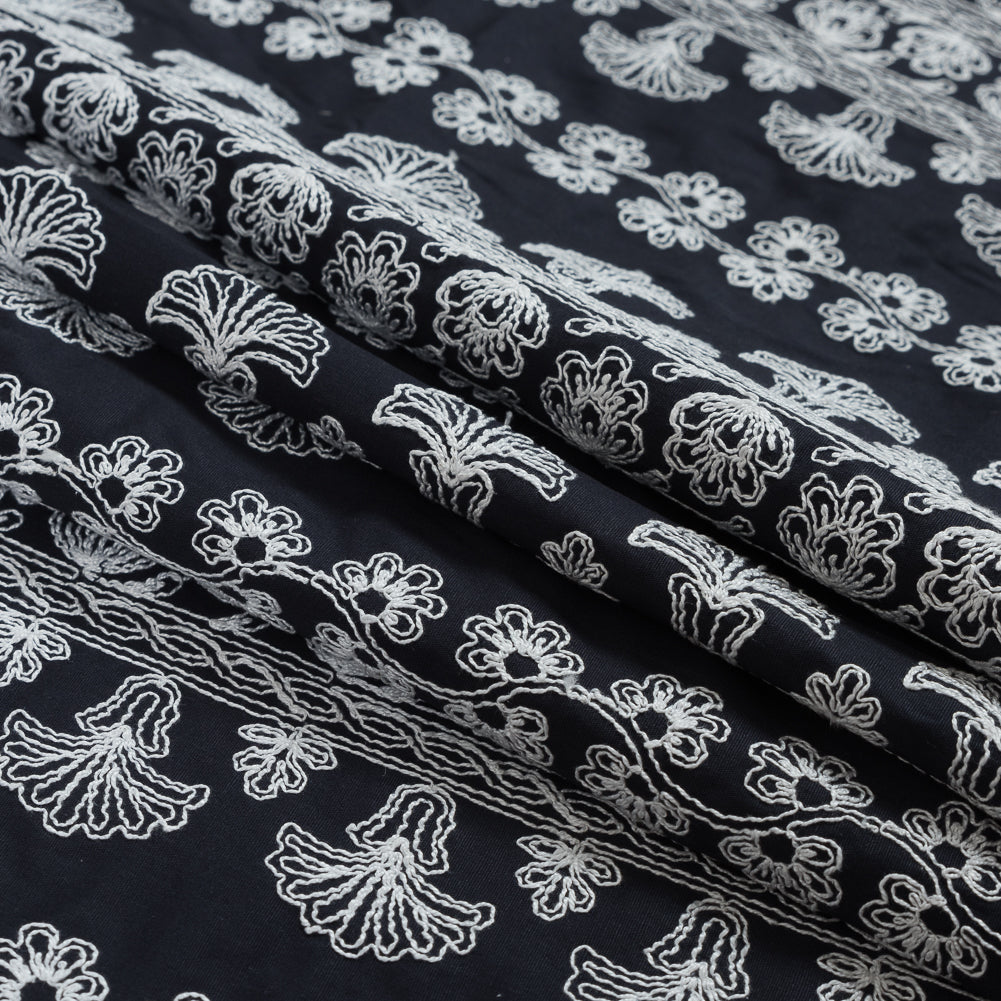 Navy Waxed Cotton Faille with White Floral Embroidery Detail