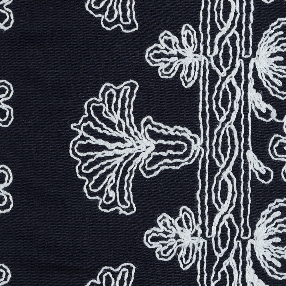 Navy Waxed Cotton Faille with White Floral Embroidery Full