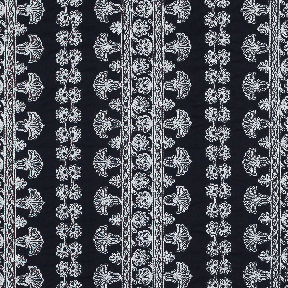 Navy Waxed Cotton Faille with White Floral Embroidery