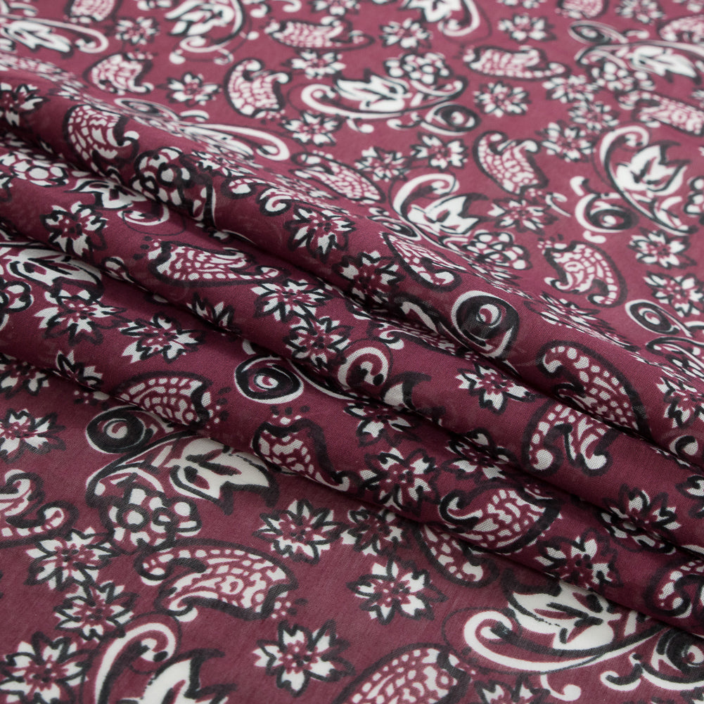 Famous NYC Designer Wine Paisley Silk and Cotton Voile Folded