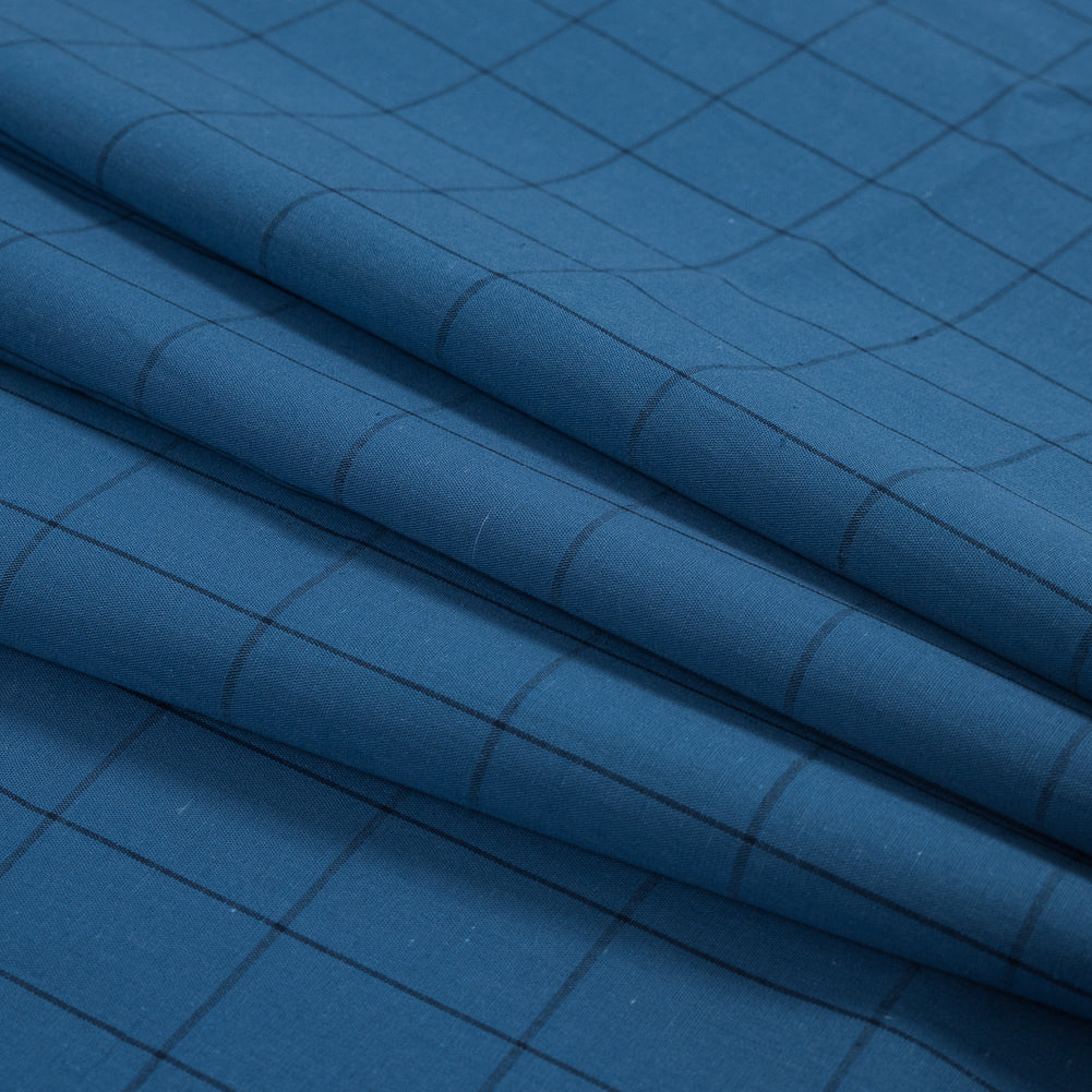 Blue and Black Windowpane Check Cotton Woven Folded