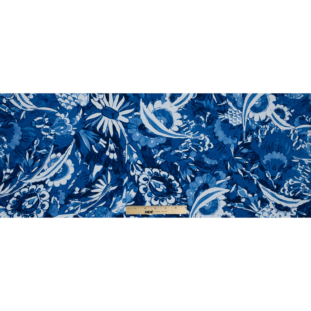 Oscar de la Renta Blue Floral Printed Stretch Cotton Canvas Full