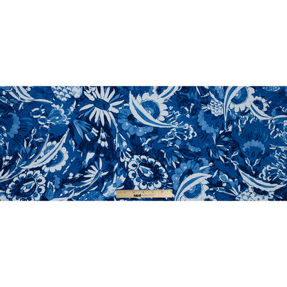 Oscar de la Renta Blue Floral Printed Stretch Cotton Canvas Full