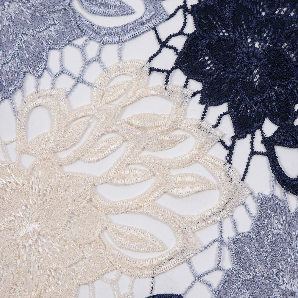Guipure Lace - Navy, Gray and Ivory Tri-Color Floral Full