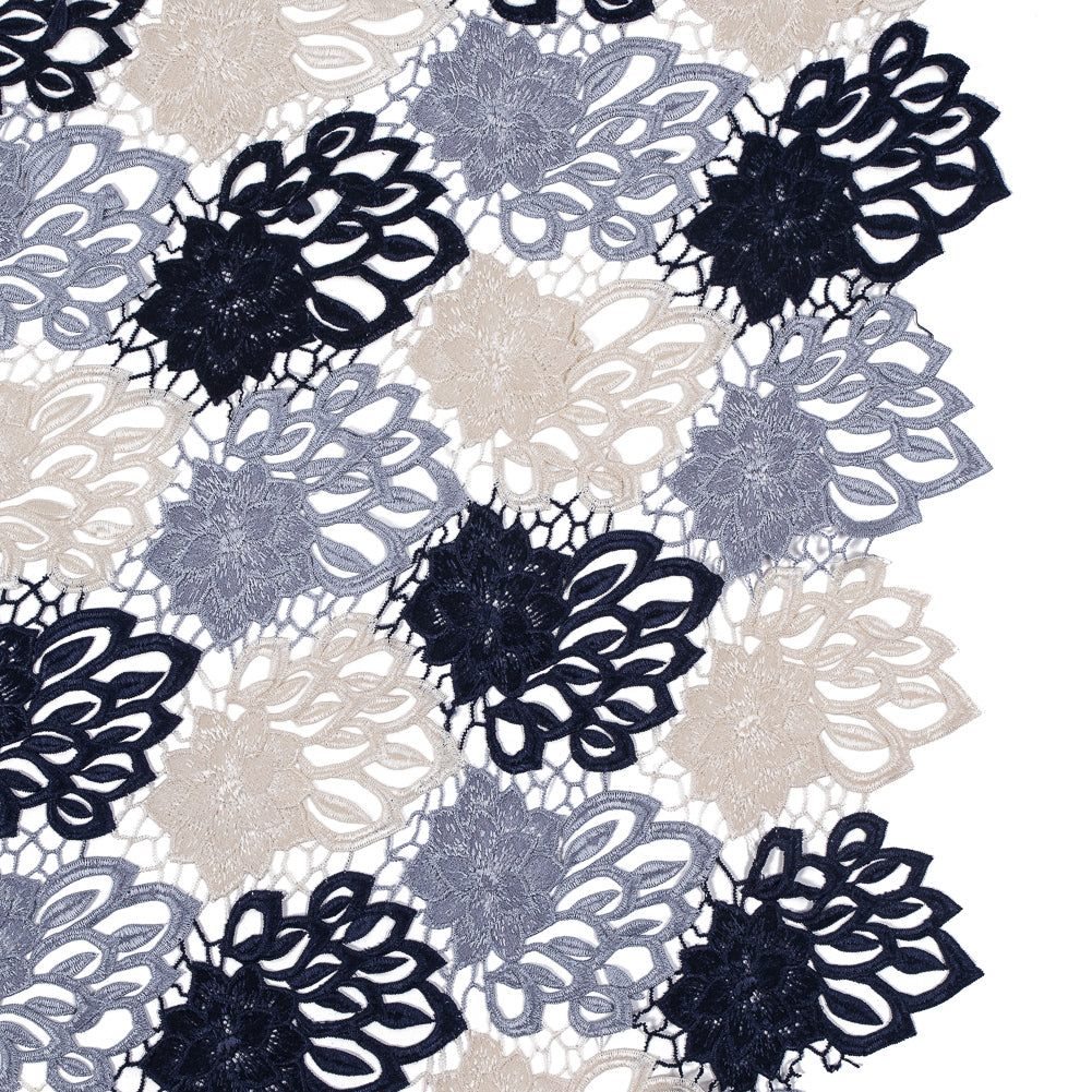 Guipure Lace - Navy, Gray and Ivory Tri-Color Floral