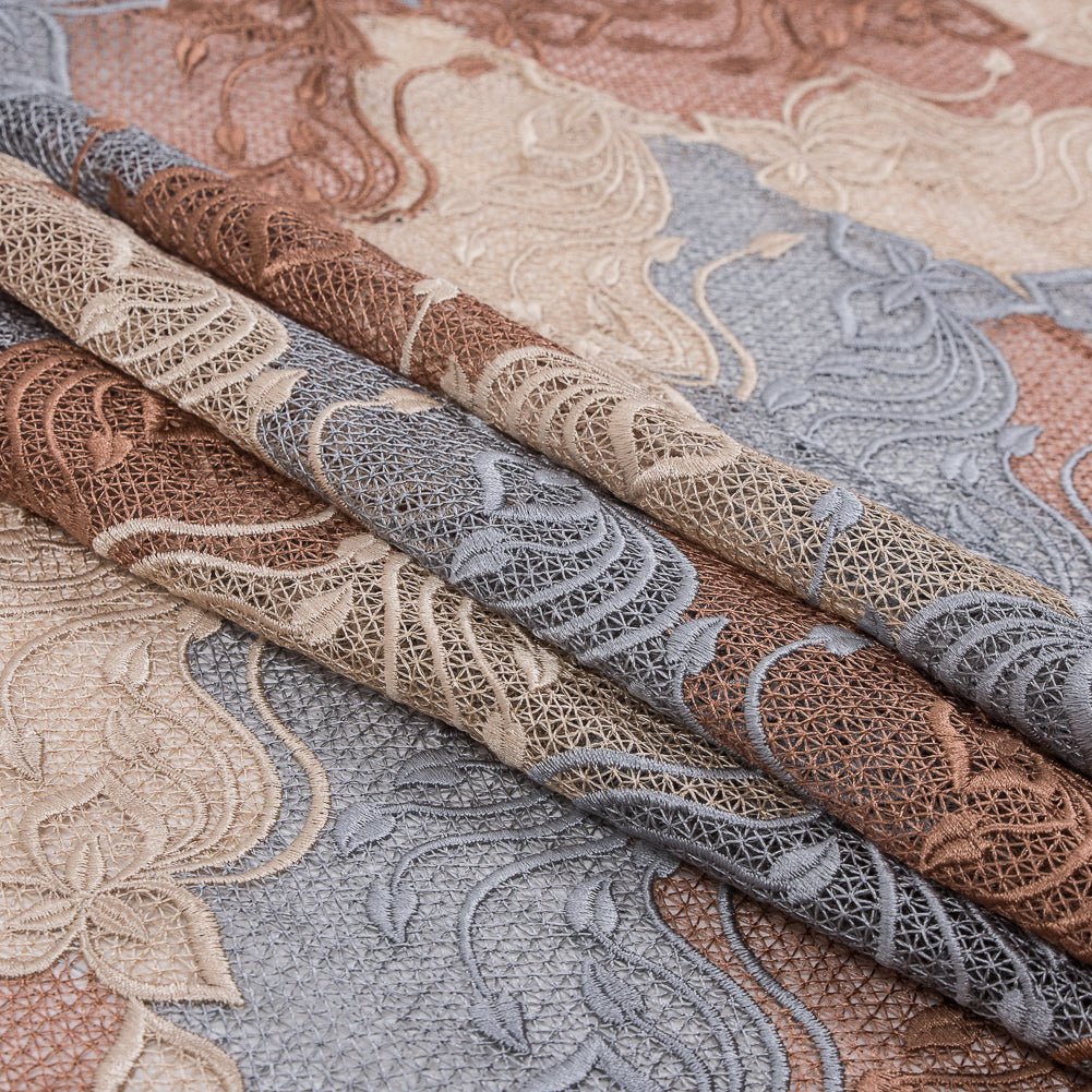 Guipure Lace - Copper, Gray and Cream Tri-Color Floral Chevrons Folded