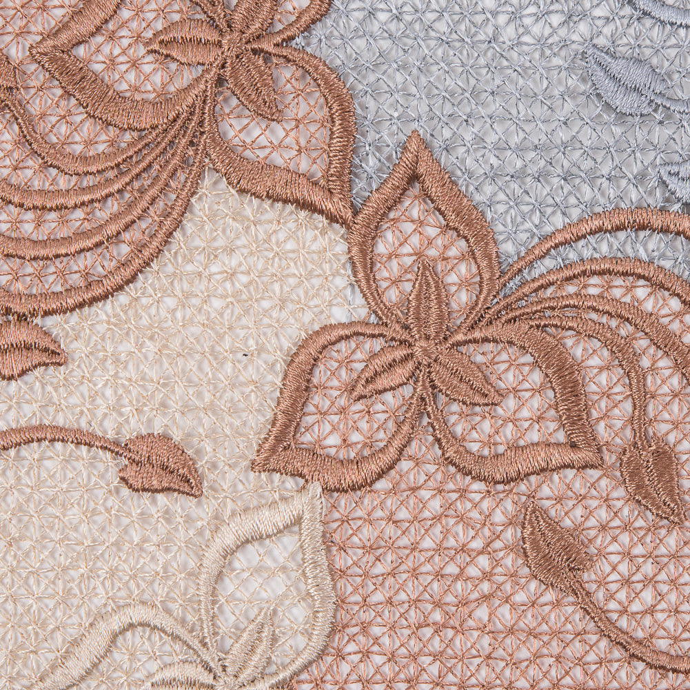Guipure Lace - Copper, Gray and Cream Tri-Color Floral Chevrons Detail