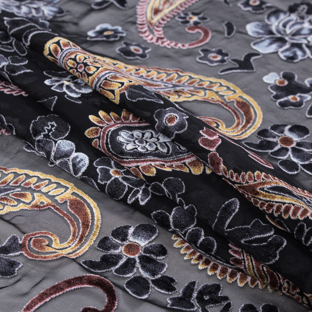 Paisley Burnout Velvet - Black and Brown Folded