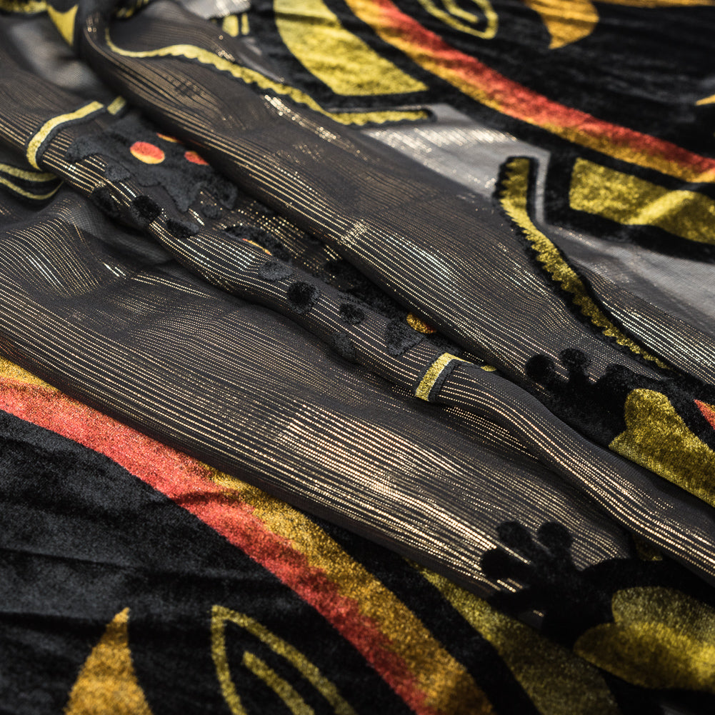 Famous NYC Designer Metallic Striped Floral Printed Silk and Rayon Burnout Velvet Panel Detail