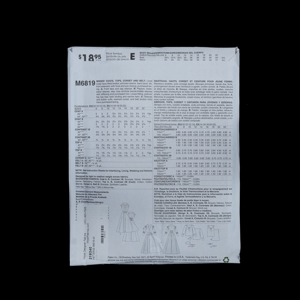 McCalls Costume Pattern M6819 Size A5 Detail