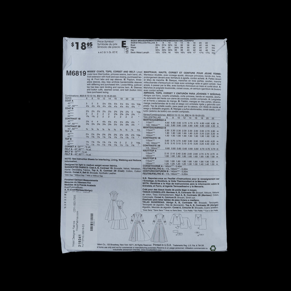 McCalls Costume Pattern M6819 Size E5 Detail
