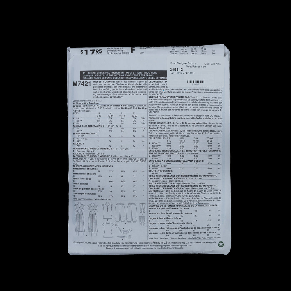 McCalls Costume Pattern M7421 Size Miss Detail