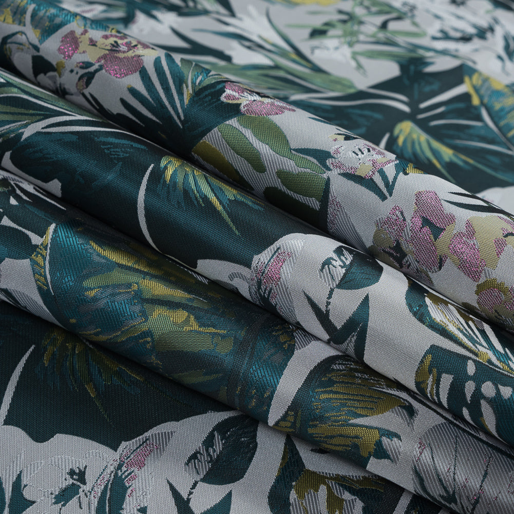 Teal and Green Metallic Leafy Jacquard Detail