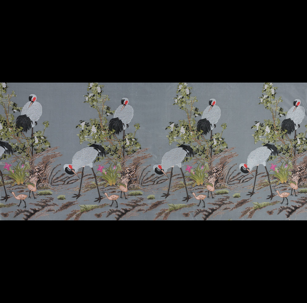White and Green Asian-Influenced Burnout with Cranes and Branches Full