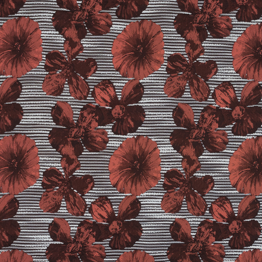 Coral and White Striped Floral Brocade