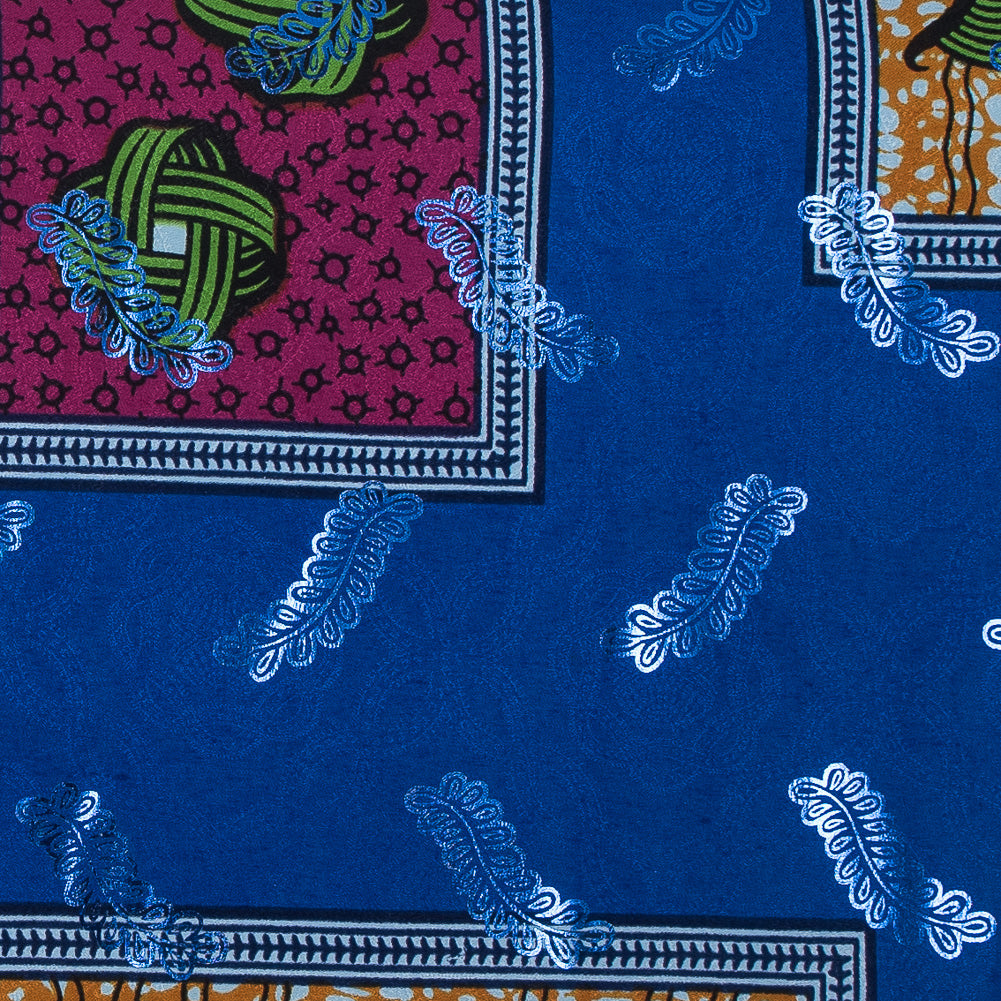 Bright Blue Waxed Cotton African Print with Inlaid Pattern and Metallic Blue Leafy Foil Folded