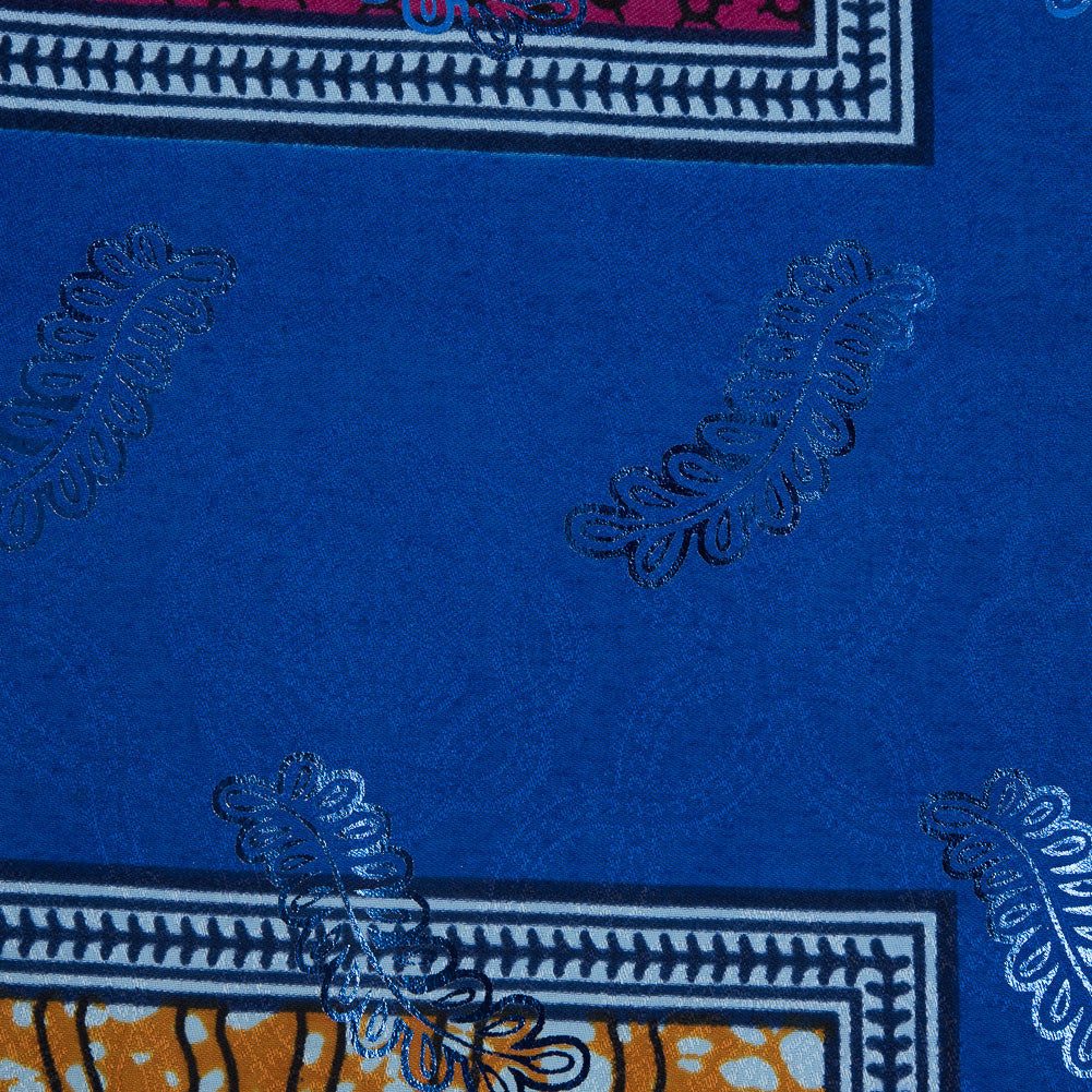 Bright Blue Waxed Cotton African Print with Inlaid Pattern and Metallic Blue Leafy Foil Detail