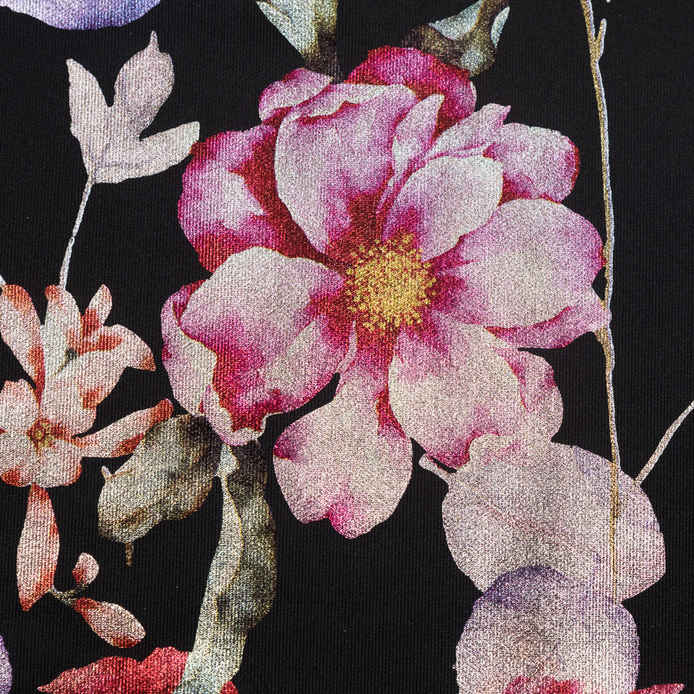 Black Ponte Knit with Multicolor Floral Foil Design Full