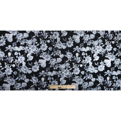 Black Ponte Knit with Blue Floral Foil Design Folded