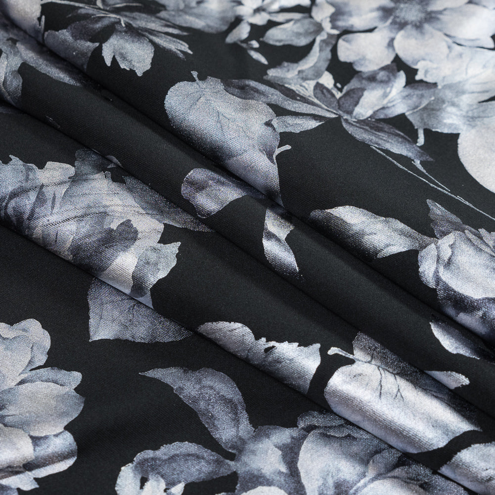 Black Ponte Knit with Blue Floral Foil Design Detail
