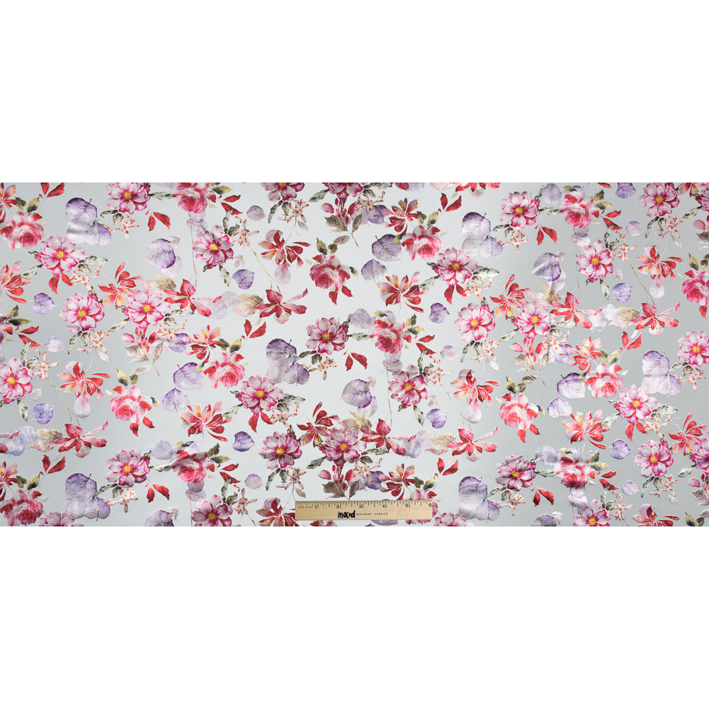 White Ponte Knit with Red Floral Foil Design Folded