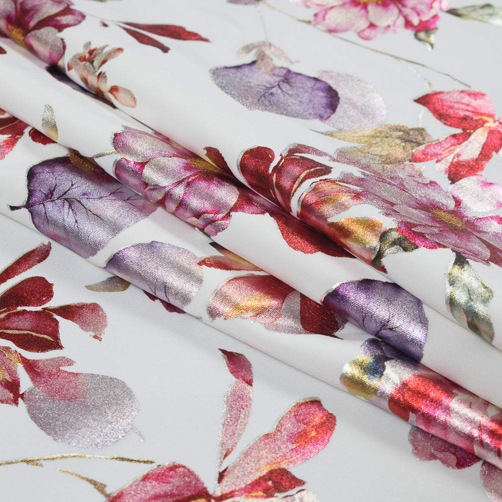White Ponte Knit with Red Floral Foil Design Detail