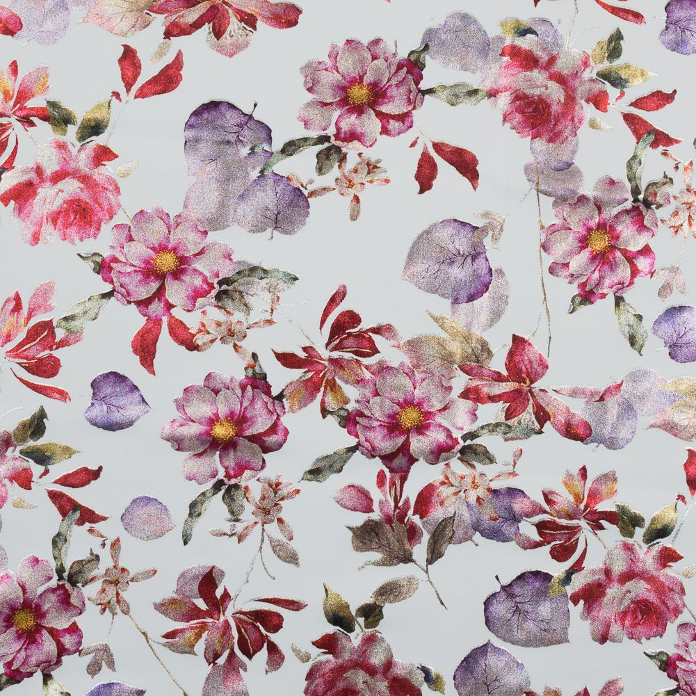 White Ponte Knit with Red Floral Foil Design