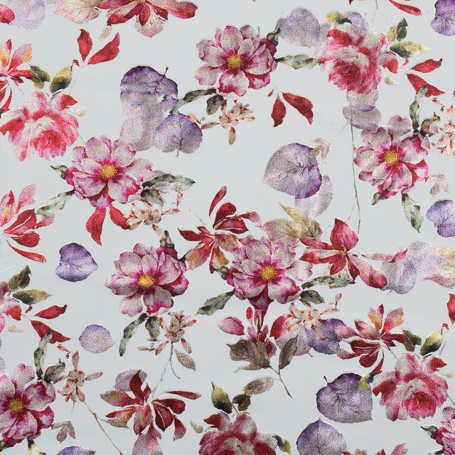 White Ponte Knit with Red Floral Foil Design