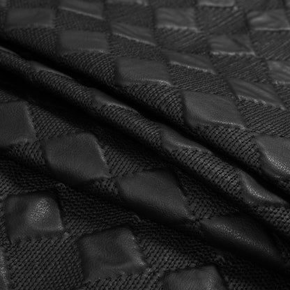 Black Faux Leather Quilted Coating with Large Squares Detail