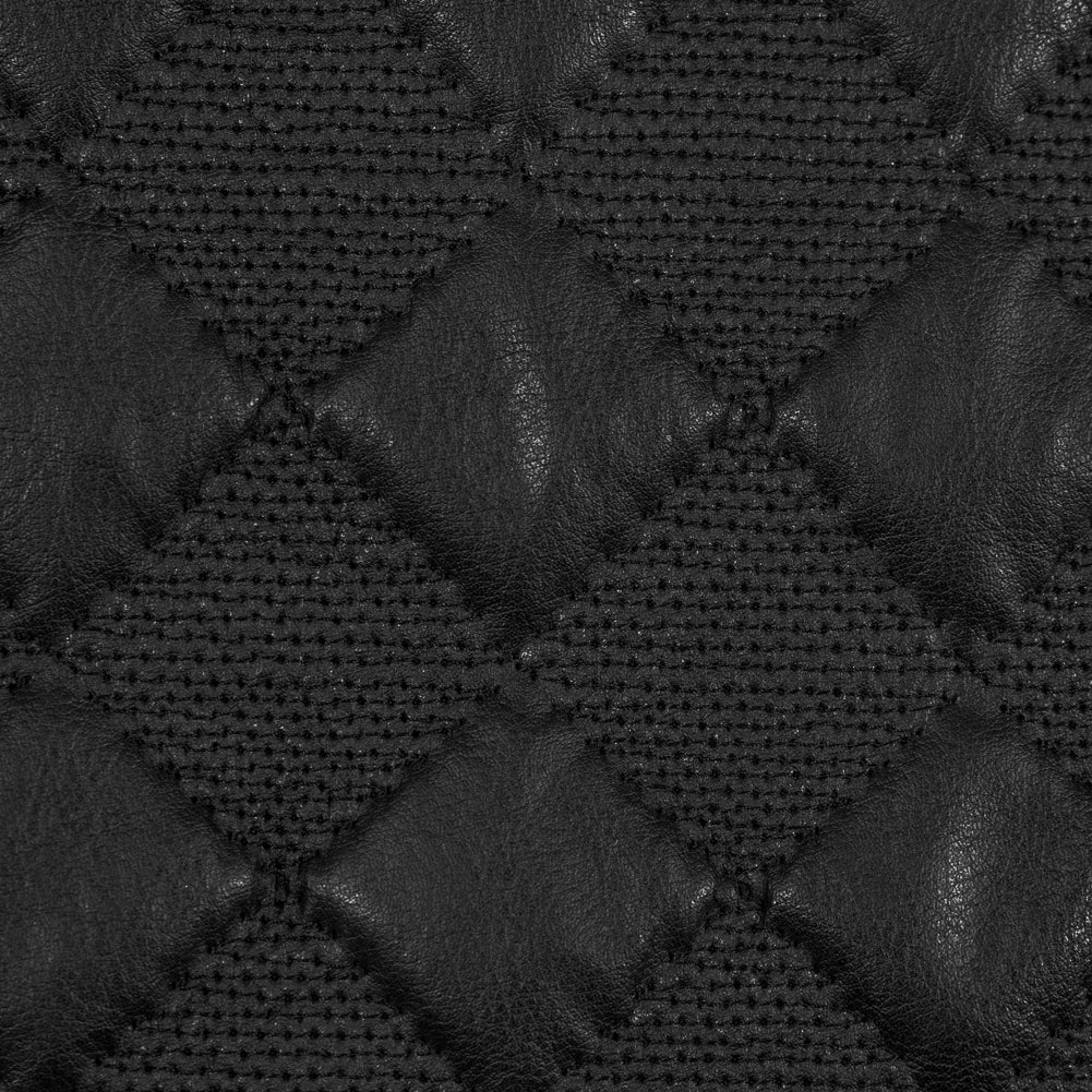 Black Faux Leather Quilted Coating with Large Squares Full