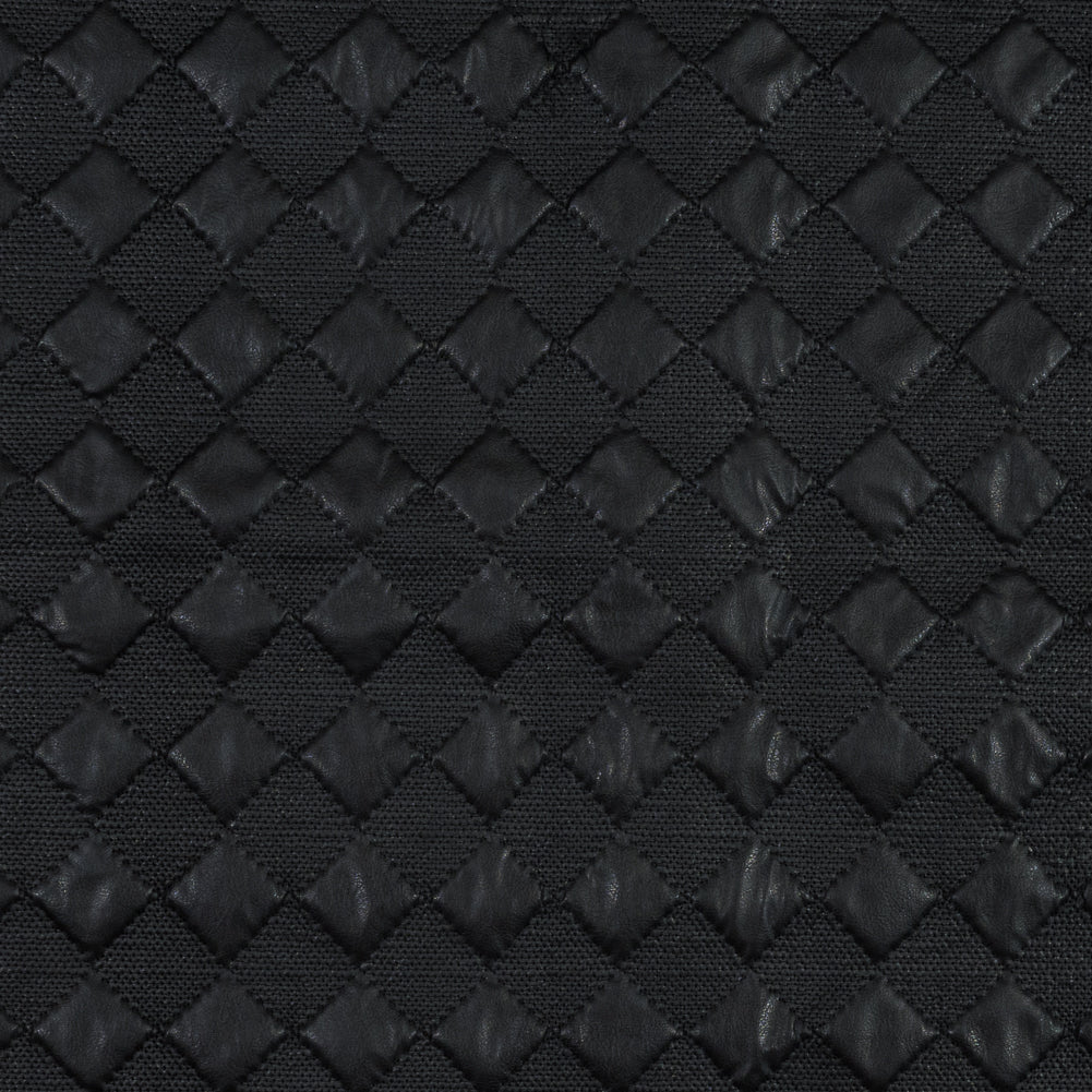 Black Faux Leather Quilted Coating with Large Squares