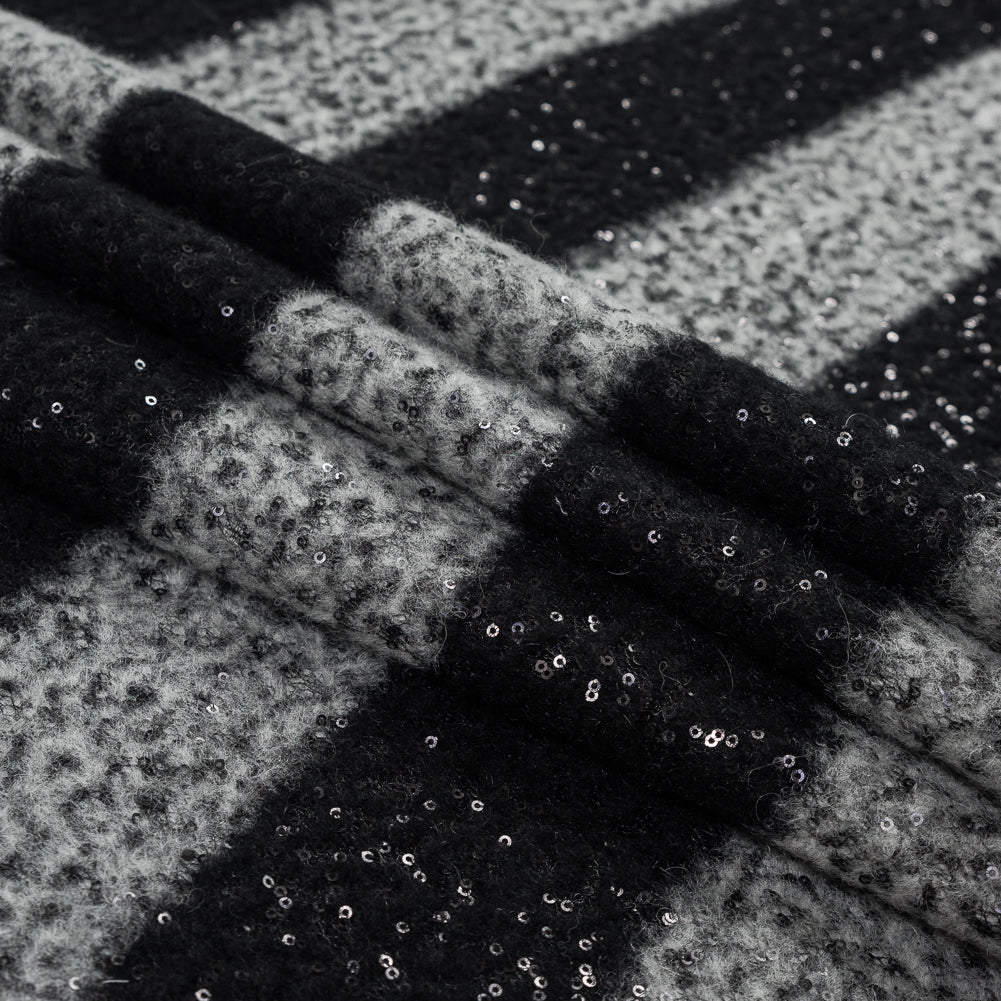 Black and White Awning Striped Wool Blend with Baby Sequins Folded