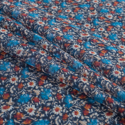 Blue and Orange Floral Printed Silk Chiffon Folded