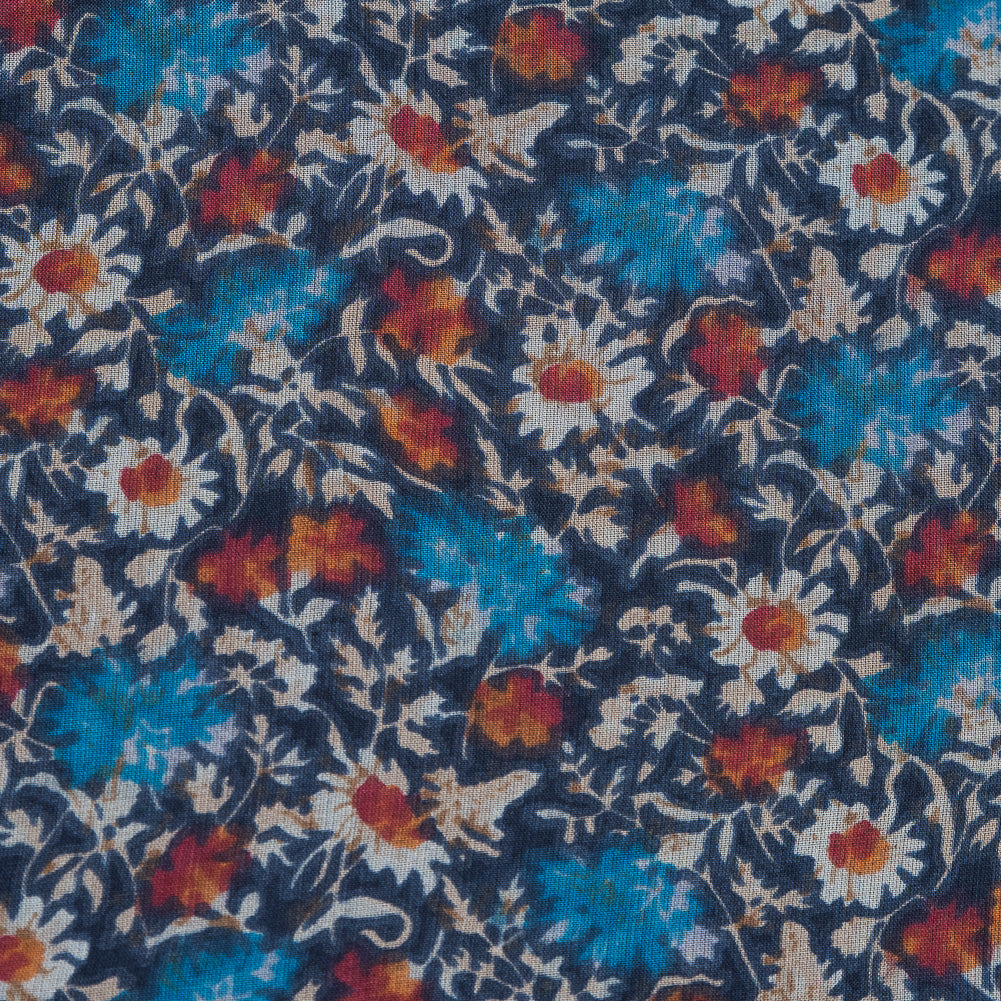 Blue and Orange Floral Printed Silk Chiffon Detail