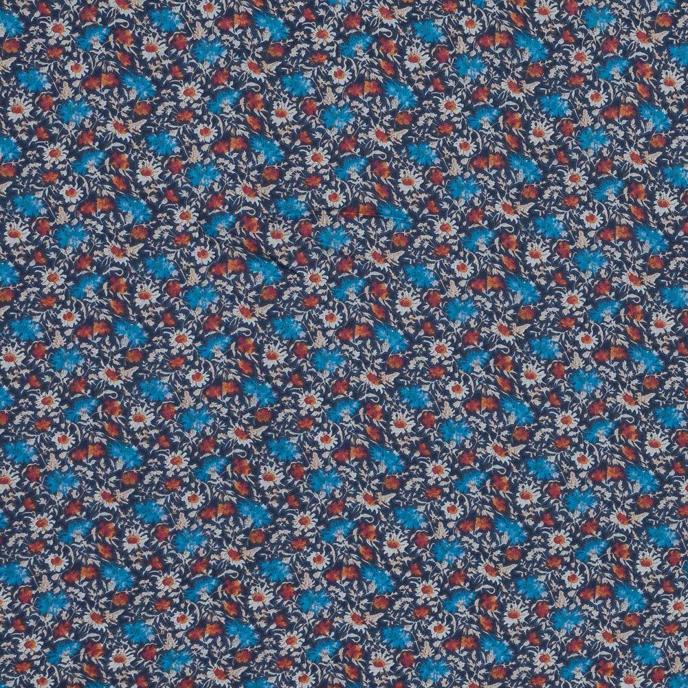 Blue and Orange Floral Printed Silk Chiffon
