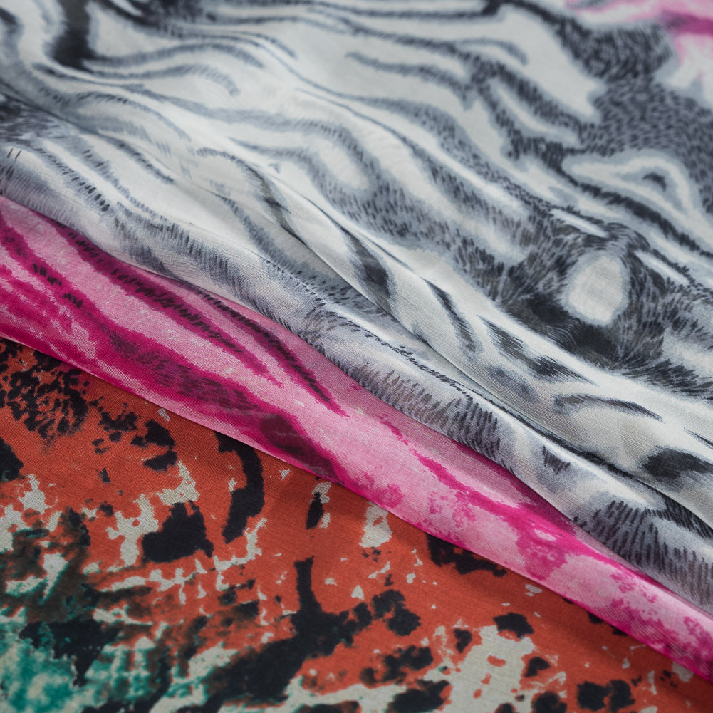 Green, Pink and White Python and Zebra Printed Silk Chiffon Folded