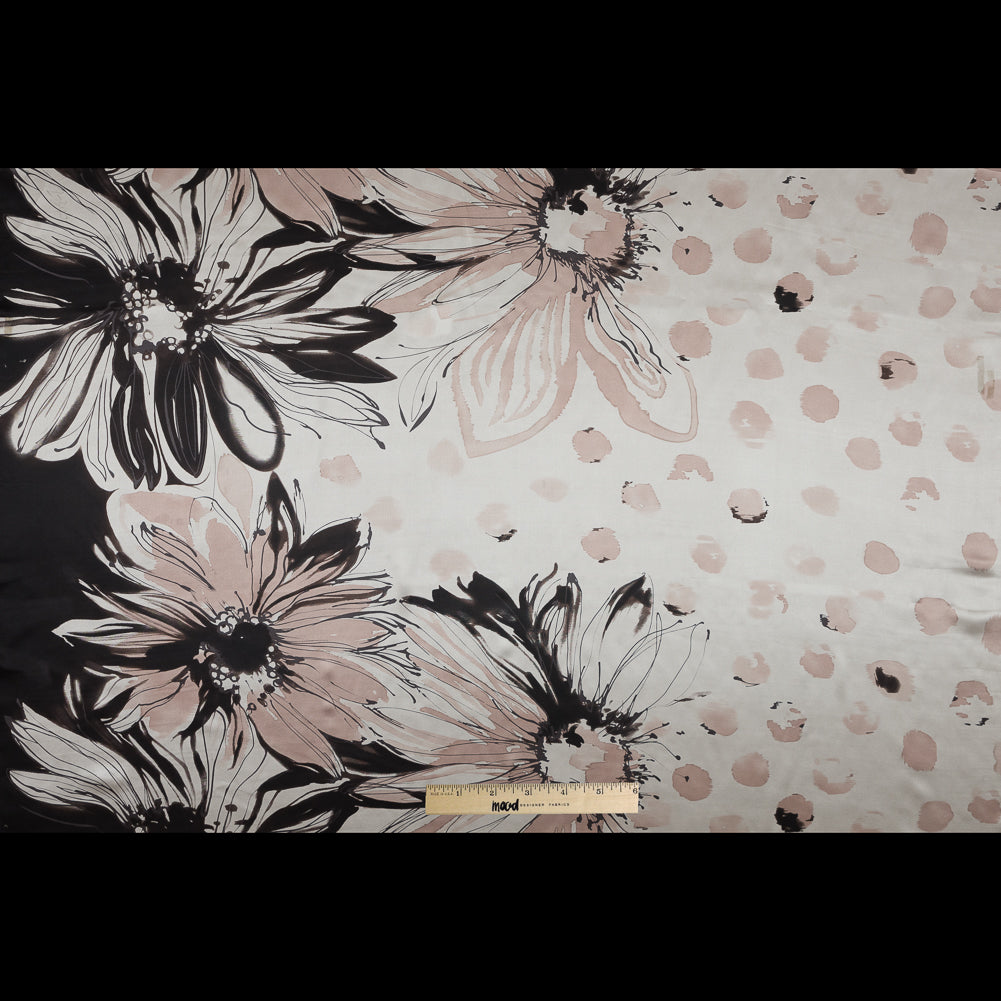 Black and Beige Large-Scale Floral Printed Silk Charmeuse Folded