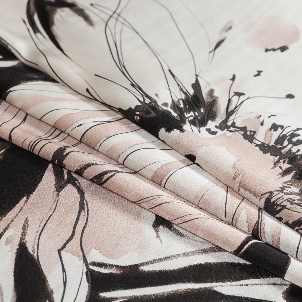 Black and Beige Large-Scale Floral Printed Silk Charmeuse Detail