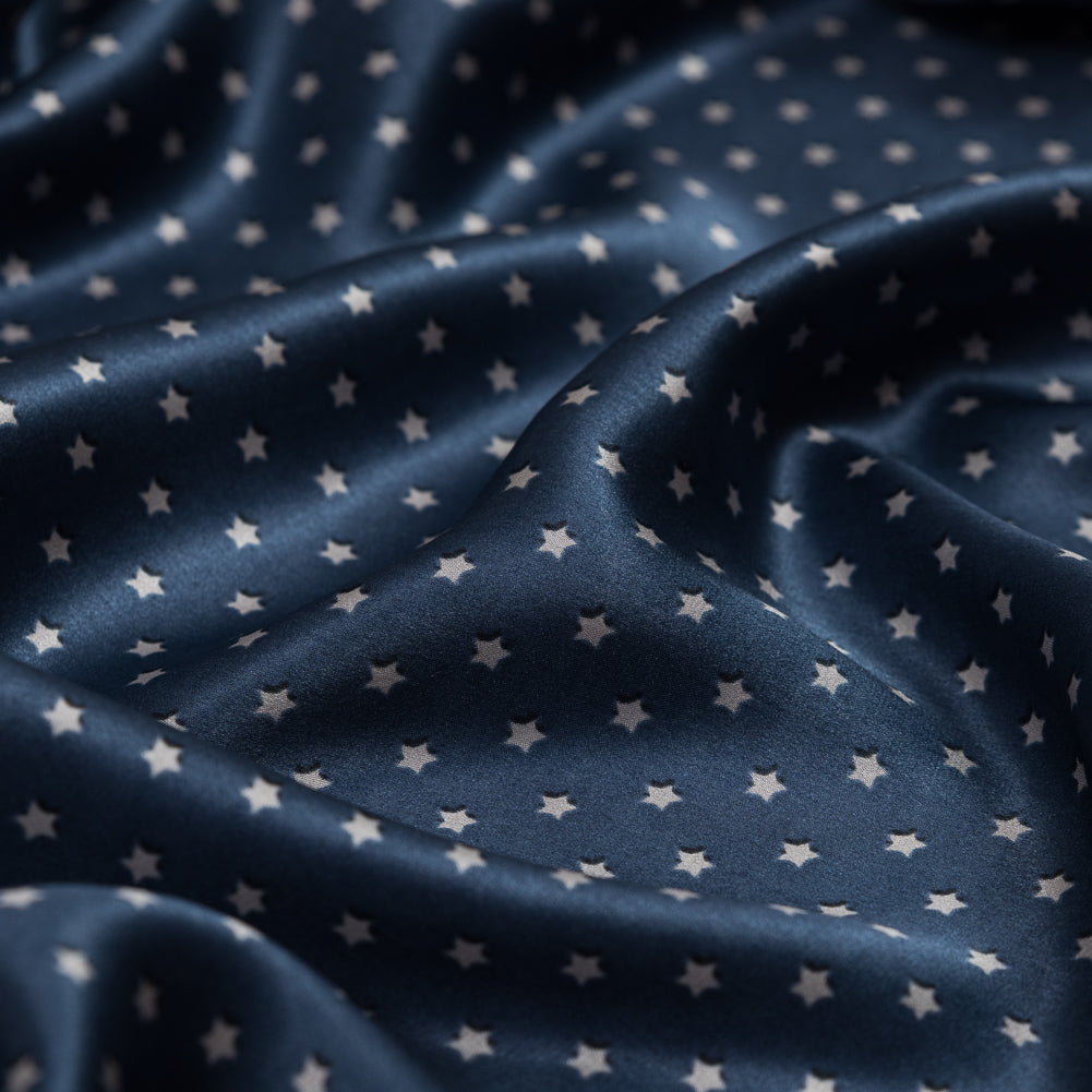 Medieval Blue and White Star Printed Silk Charmeuse Detail