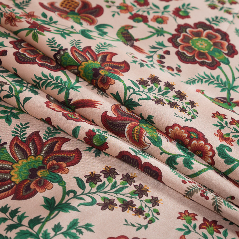 Salmon, Red and Green Floral Printed Silk Charmeuse Detail