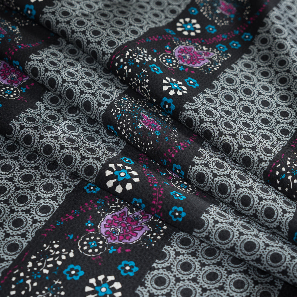 Gray and Purple Floral and Geometric Striped Silk Charmeuse Folded