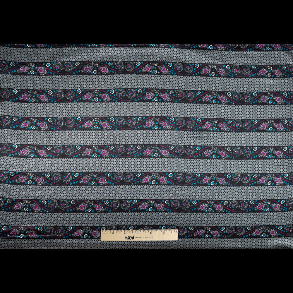 Gray and Purple Floral and Geometric Striped Silk Charmeuse Full