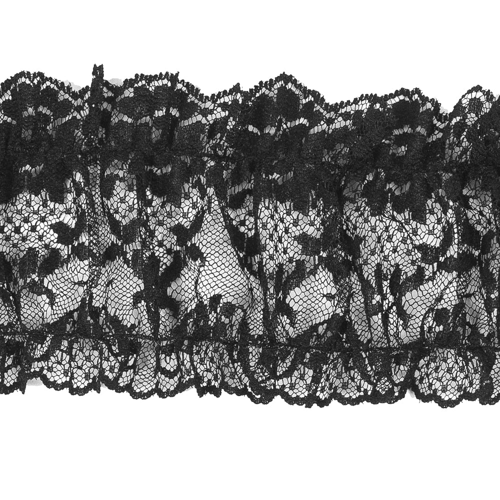 Black Ruched Floral Lace Trim - 3" Detail