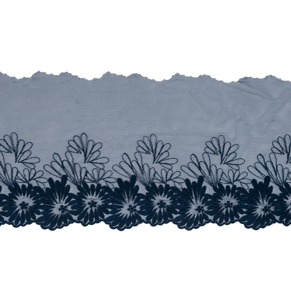 Poseidon Blue Floral Embroidered Mesh Trim - 4.5"