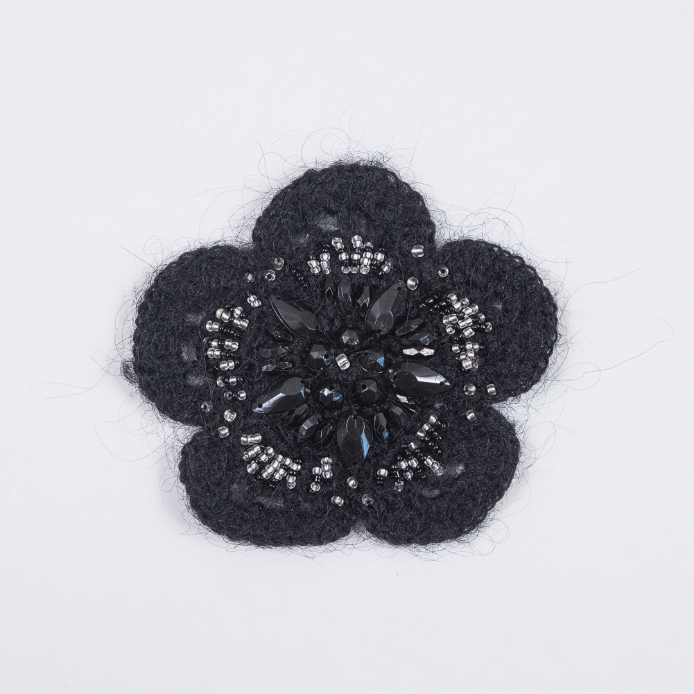 Black Knit Beaded Flower Brooch - 4"
