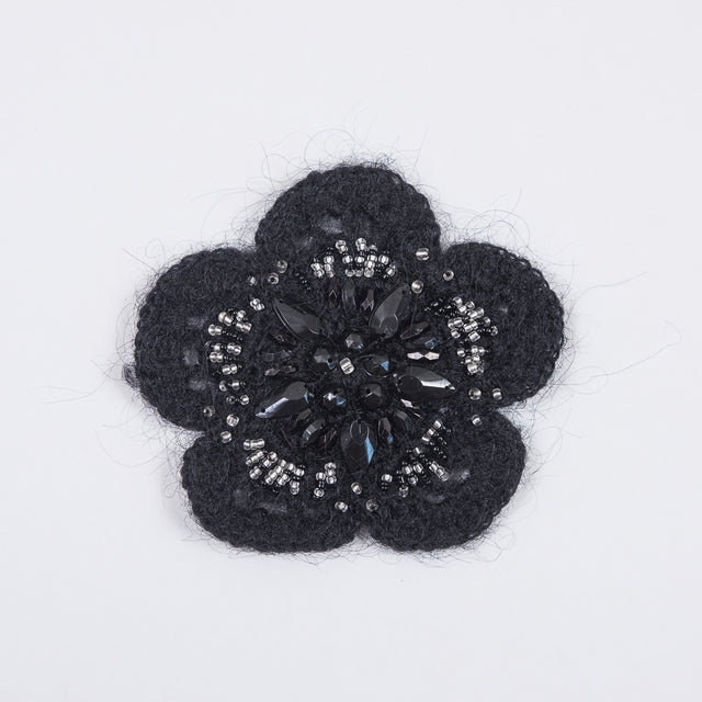 Black Knit Beaded Flower Brooch - 4"