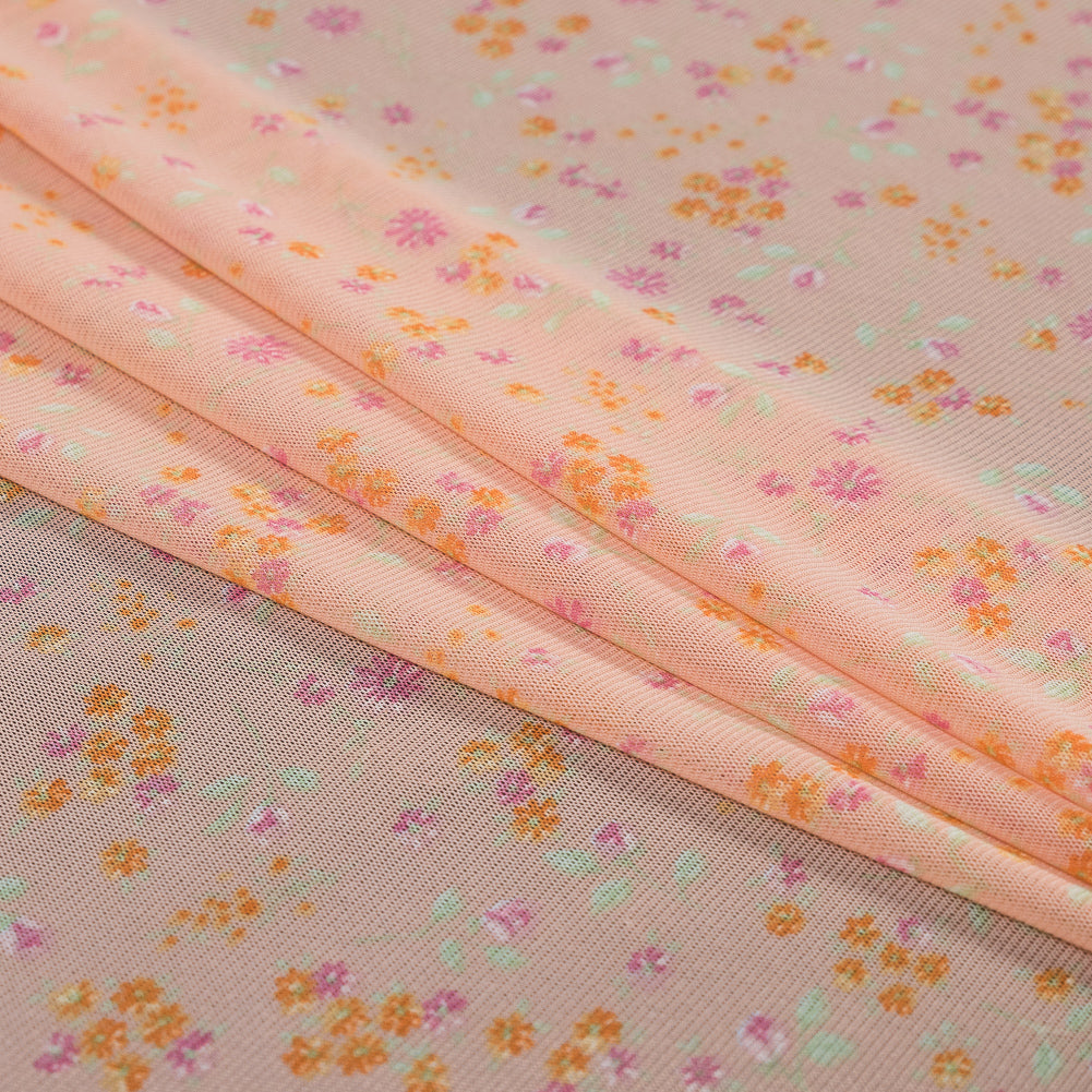 Orange Sherbet Floral Printed Polyester Mesh Folded