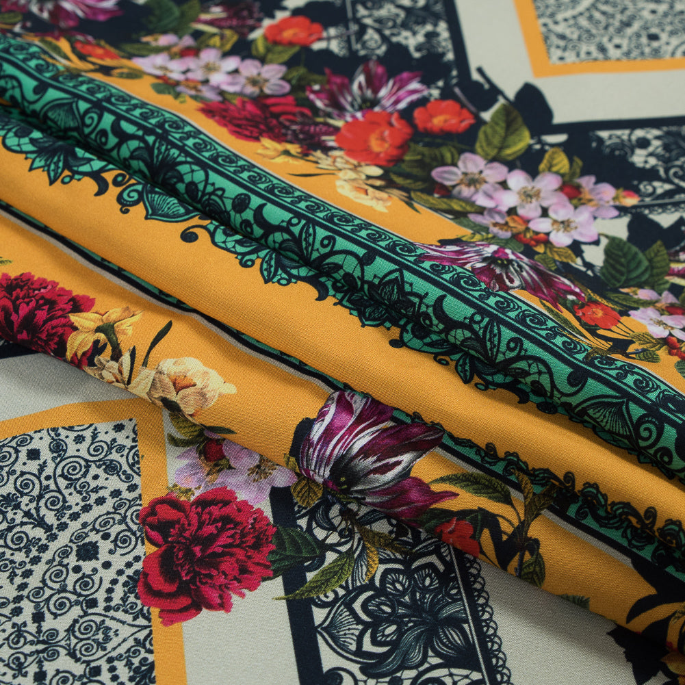 Organic Viscose Batiste Panel - Gamboge and Green Floral Detail