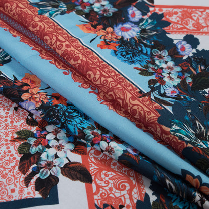 Organic Viscose Batiste Panel - Mandarin and Baby Blue Floral Folded